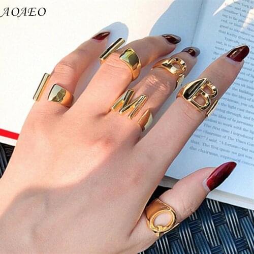Hollow A-Z Letter Ring Gold Color Metal Adjustable Opening Ring Initials Name Alphabet Female Party Chunky Wide Trendy Jewelry