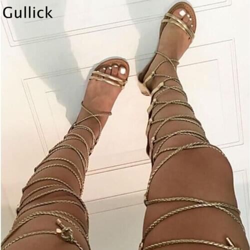 Fashion Golden Woman Leather Flat Sandals Cover Heel Cross Tied Thigh High Bandage Casual Sandals BeachWear Woman Gladiator Shoe