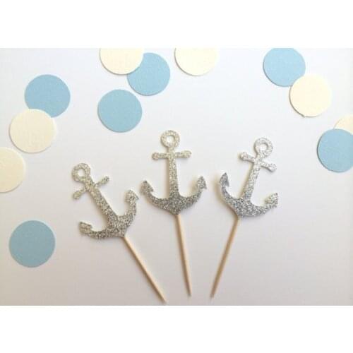 Silver Glitter Anchor Cupcake Toppers Nautical wedding Bachelorette Party fruit Picks Bridal baby shower decorations