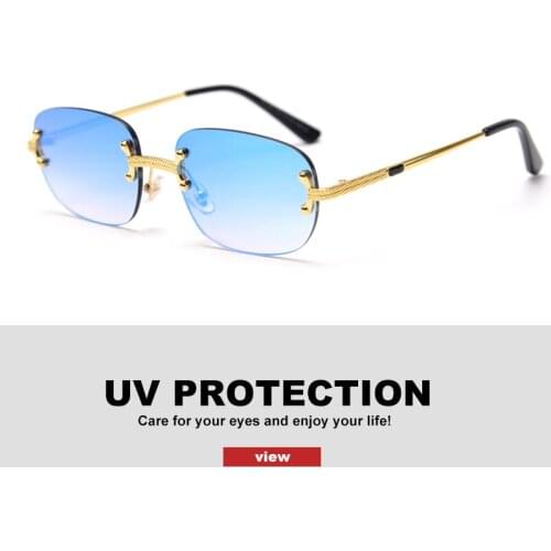 Mirror Blue Rimless Retro Sunglasses Women High Quality Rectangle Fashion Sunglasses Luxury Square Frame Eyewear UV400 With Case