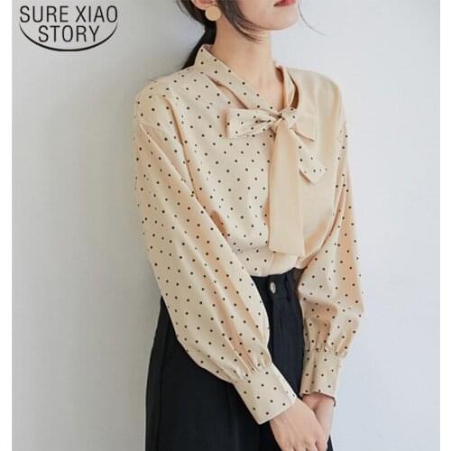 Autumn Elegant V-neck Wave Point Print Long Sleeve Hong Kong Style Contrast Color Stitching Shirt Women Bow Tie Blouses 6281 50