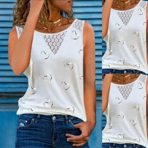 White Casual Women Tshirt Crop Top Golden Heart Print Lace Round Neck Tank Top Sleeveless Summer Vest Blouses D30
