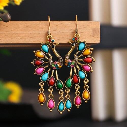 2020 New Retro Peacock Texture Hollow Out Long Earrings For Women