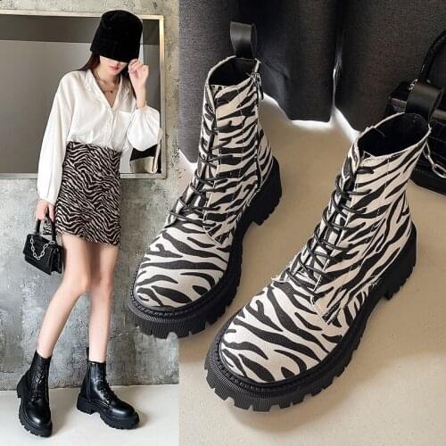 Thin Boots Women Fall 2021 New British Wind Round head women Boots Rough Heeled Locomotive Boots zebra women boots