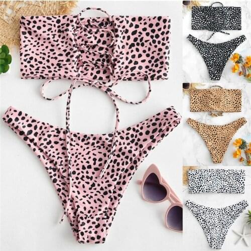 Women leopard print bandage lace-up maillot de bain Summer 2019 Brazilian femme Bandeau Padded beachwear swimsuit Biquinis Sport