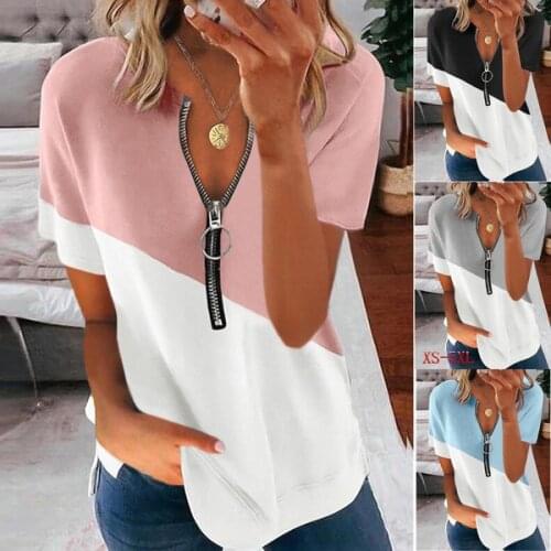 Femme Casual Color Matching Tops Women Sexy V-neck Zipper Short-sleeved T-shirt Summer Loose Large Size Pullover T-shirt