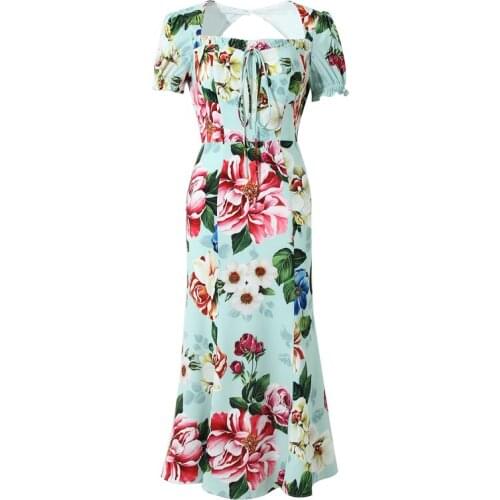 Women Summer Fashion Casual Plus Size 3XS-10XL Retro Vintage Peony Flower Print Slash Neck Long Midi Trumpet/Mermaid Dress
