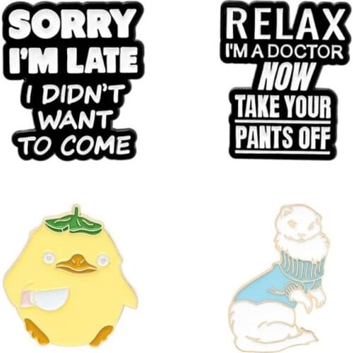 Yellow Duck Lapel Pins Black Letters Enamel Badges Cute Anime Brooches On Backpack Mini Decorative Badges Pins Brooches Jewelry