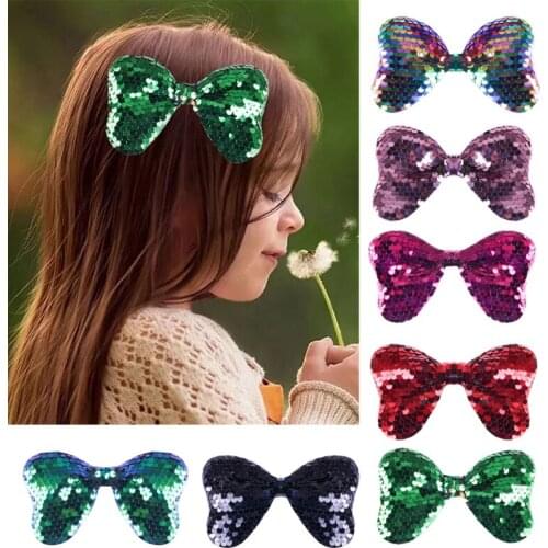 7 Color Sparkly Hair Bows Clip Sequin Big 5" Hair Bows Alligator Hair Clip Reversible Ribbon Bowknot Hairpins Baby Girl