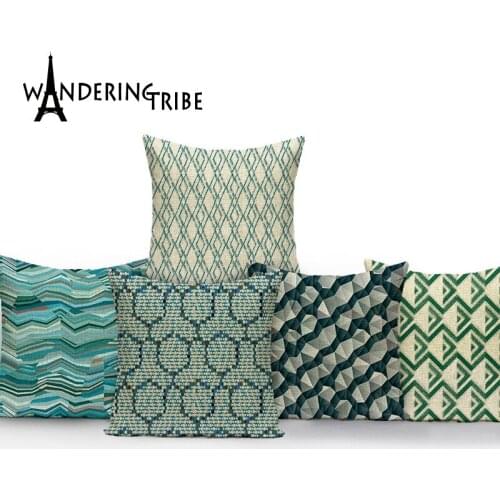 Retro Blue Striped Cushion Cover Abstract Lattice Linen Pillow Case Living Room Decor Pillowcase Sofa Decorative Covers Cushions