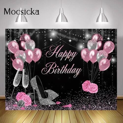 Black Bokeh Adult Happy Birthday Backdrop Pink Balloons Women Birthday Party Background Decor Glitter Sliver High Heels Dots
