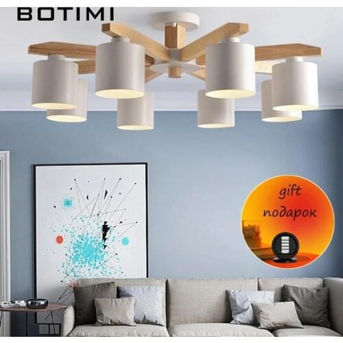 BOTIMI Wooden Chandelier For Living Room Wood Frame Lustre Lighting With Cylindrical Metal Lampshades Dining Table Kitchen Lamps