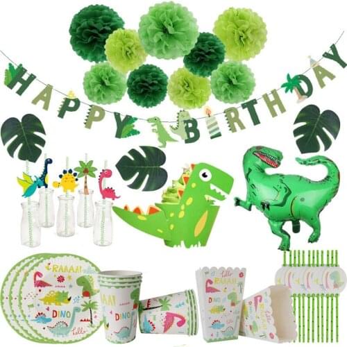 Dinosaur theme Balloon Happy Birthday Bunting Banners Dino Party Tableware kit Baby Shower Boys Birthday Party Decorations Kids