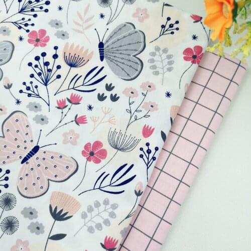 Pink Butterfly Grids Floral Twill Cotton Fabric for Handmade Patchwork Quilting Sewing Pillows Baby Bedding Decoration Material