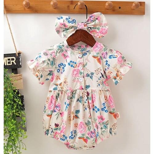Flower Printing Short Sleeve Jumpsuit One piece Outfit Summer Baby Girls Cotton Clothes Toddler Baby Girl Romper