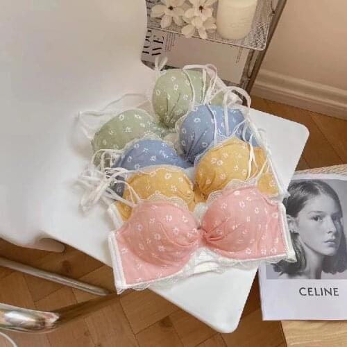1/2 Underwear Set Female Summer Sweet Floral Section Gather Wire Free Lace Girl Bra Set Breathable Adjustable Girls Lingerie