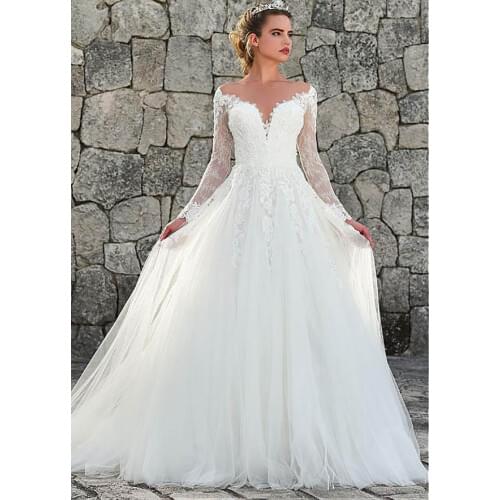 Lace Long Sleeves A-Line Wedding Dresses 2020 Formal Tulle Skirt Bridal Gowns Zipper Back Vintage Formal Vestidos De Mariee