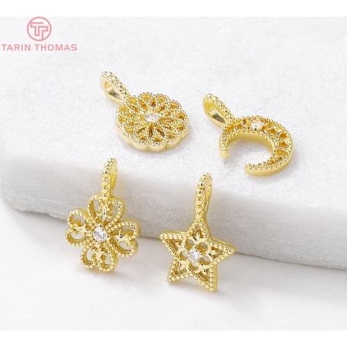 4PCS 10x15MM Hole 2MM 24K Gold Color Brass Moon Star Flower Charms Pendants High Quality Diy Jewelry Findings Accessories