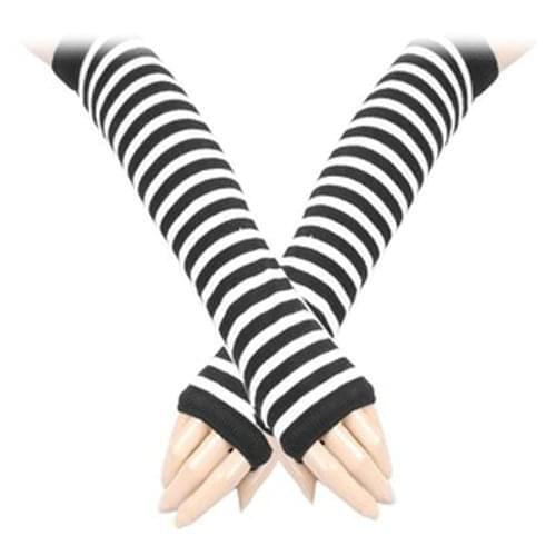 Hot New Pair White Black Stripes Acrylic Fingerless Arm Warmers Gloves for Women