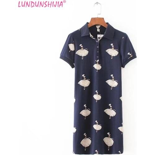 LUNDUNSHIJIA 2018 Summer High Quality Ballerina Girl Printed Dress Fashiom Polo Collar A-line Dress Short Sleeve Vestidos Mujer