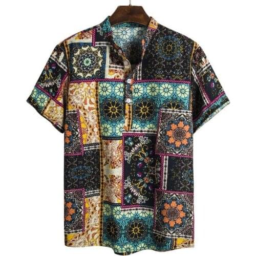 2021 Summer Vintage Ethnic Style Shirts For Men Short Sleeve Shirt Clothes Men Turtleneck Dress Shirt Blouse camisas de hombre