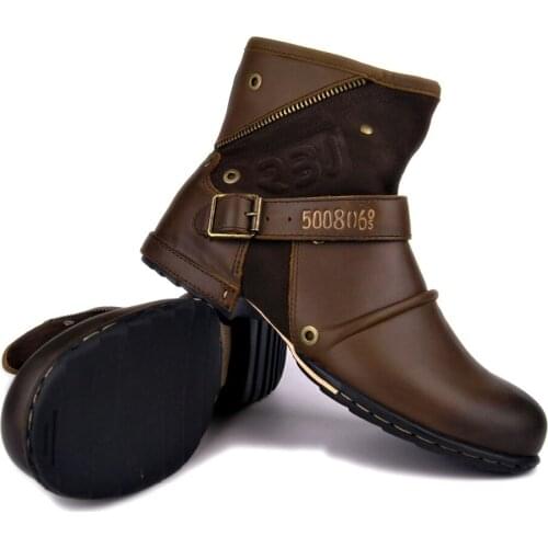 OTTO New Men Motorcycle Boots Vintage Combat Boot Full Grain Cow Leather Winter Ankle Boots Waterproof Zip Military Boot Western