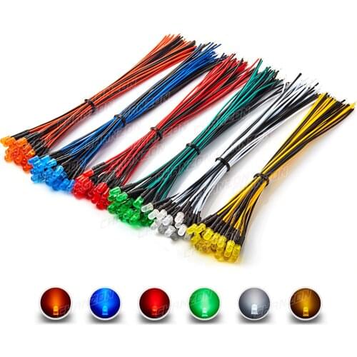 120pcs 5mm Prewired LED Diode Kit Light Emitting Diffused 12V White Red Green Blue Yellow Orange Wired Lamp Bulb Assortment Set
