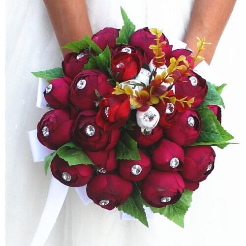 New Handmade Wedding Bouquets Flowers Bride Holding Flower Bridal Bouquet Dark Red Tea Artificial Flower Home Table Decoration