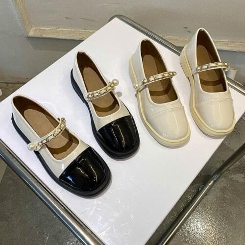 2021 Spring New Leather Shoes Fashion Square Toe Mixed Color Mid-heel Shoes Metal Decoration Comfortable Retor Mary Jane Shoes