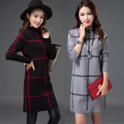 2020 Autumn Winter Womens Turtleneck Sweater Dress Plus size Female Plaid knit Warm Sweater Dress Elasticity Casual Pullovers