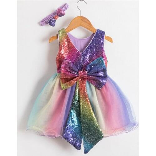 Rainbow Color Princess Party Dress For Girls Big Bowknot 1 Year Old Birthday Costume Luxury Shining Sequined Girl Frocks Dress