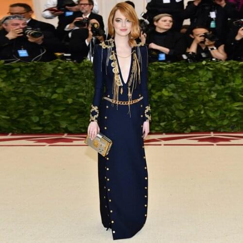 Navy Metal Chain Elegant 2018 New Fashion Dress For Women Long Sleeve Deep V Neck Button Embellished Front Slit Maxi Dress