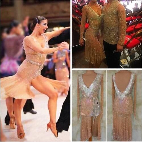 GOODANPAR Sexy bead tube Women Latin Dance Competition Dress with bodysuit bra cup Mesh Lycra Salsa Samba Rumba Stage Dance Wear