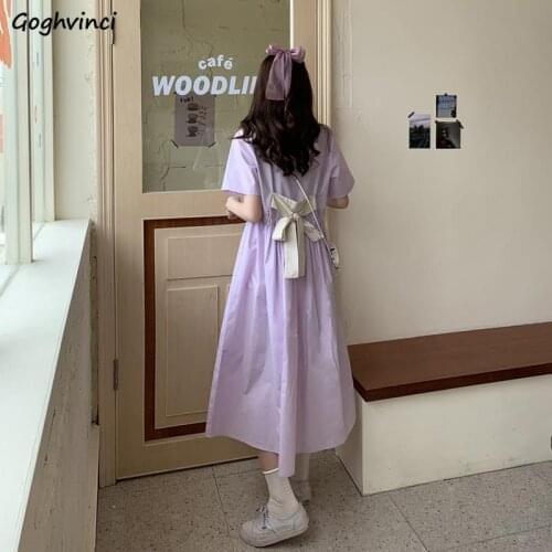 Short Sleeve Dress Women Elastic-waist Bow Square-collar Mid-calf A-line Pleated Womens Elegant Casual Korean Style Purple Chic