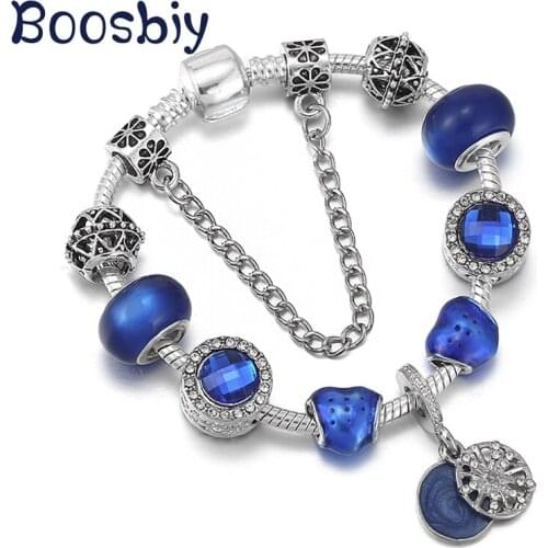 Silver Plated European Style Snake Chain Charm Bracelet With Blue Star Beads For Women Romantic Jewelry Gift 2021 New