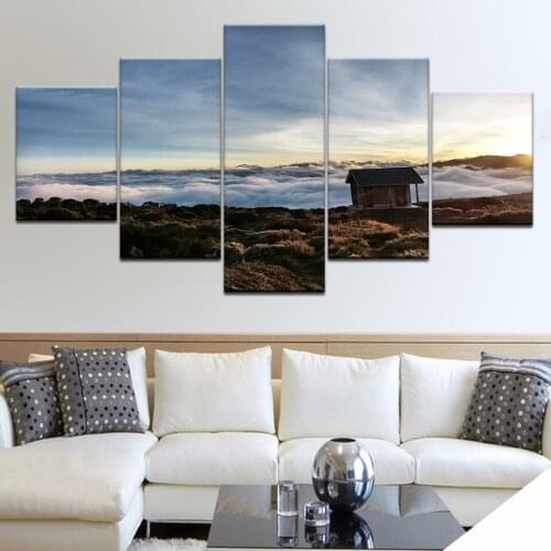Modern Canvas Pictures HD Printed Wall Art Frame Living Room 5 Panel Mountain View Wooden House Home Decor Painting Poster