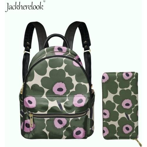 Nordic Flower Pattern Stylish Women Double Shoulders Pack 2pcs/Set Female Pu Satchel with Coin Purse Casual Zip Backpack&Wallet