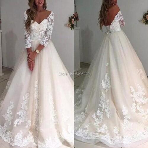 Wonderful Tulle V-neck Neckline A-line Wedding Dress With Lace Appliques Three Quarter Sleeves Bridal Dress vestido de festa