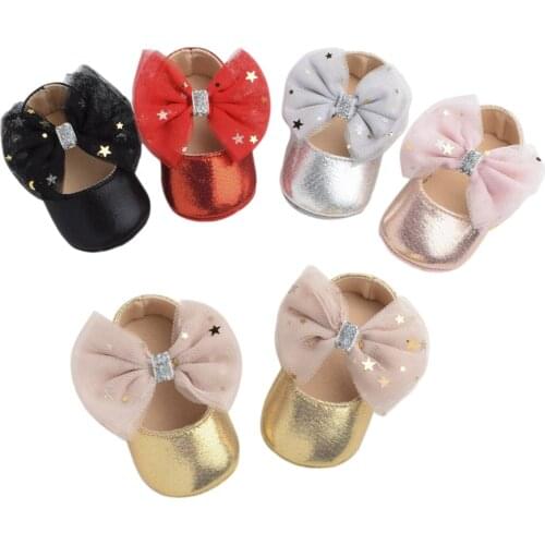 Baby Girl Princess Dress Shoes Soft Sole Bowknot Mary Jane Flats Non-Slip Infant Prewalkers with Star Sequins