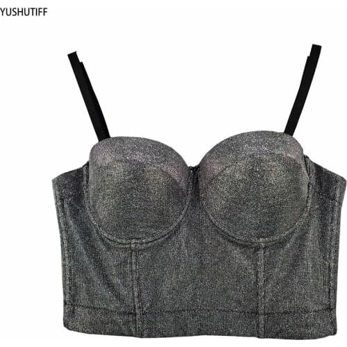 New Tops with Built In Bra Women Party Shiny Sexy Crop Top To Wear Out Off Shoulder Straps Push Up Bralette Corset Tops Clothes