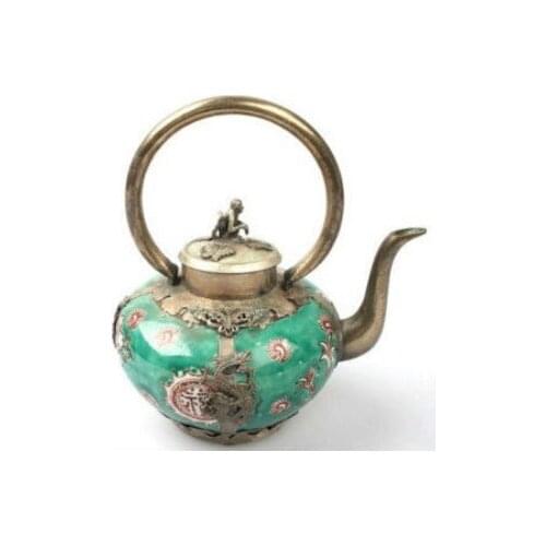 House decoration crafts Tibetan Silver Wonderful porcelain silver tea pot carved dragon tools wedding Brass