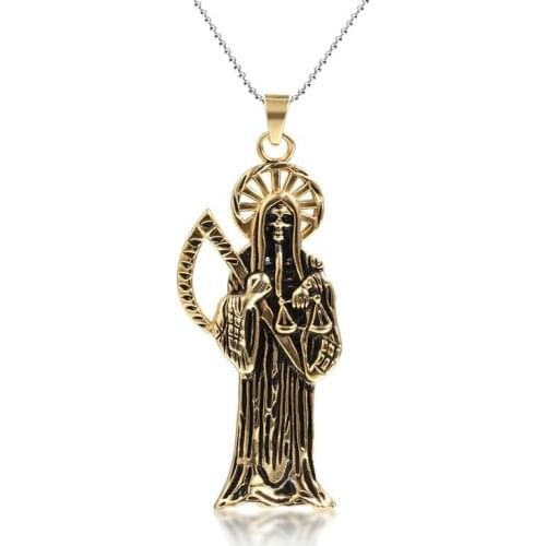Hip Hop Vintage Holy Death Santa Muerte Skull Biker Pendant Gold Necklace Stainless Steel Man Women Gothic Jewelry