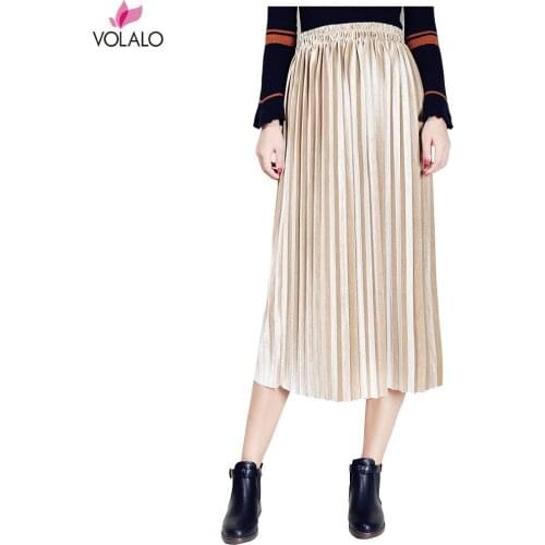 VOLALO 2019 Autumn Winter Fashion Skirt High Waist Long Silk Velvet Pleated Skirt Women Striped Elastic Waist Skirt Female