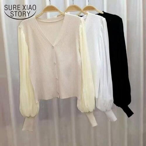 Autumn 2021 Korean Chic Long Lantern Sleeve Chiffon Splice Knitted Shirt Short Tops V-neck Knitted Cardigan Women Clothing 15931