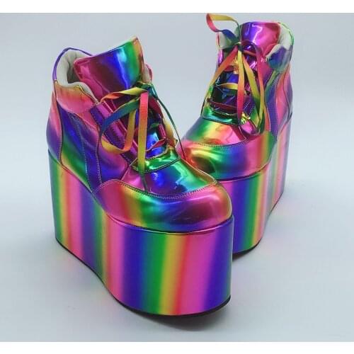 Women Laser Rainbow Colors Platform Round Toe Ankle Boots Patent Leather Super Wedge High Heel Lace Up Knight Punk Shoes Plus Sz