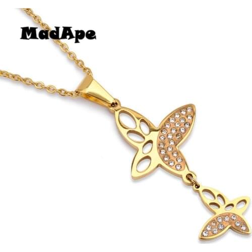 MadApe Beautiful Butterfly Pendant Necklace 316L Stainless Steel Gold Color With Zircon Necklace For Women Fashion Sweater Chain