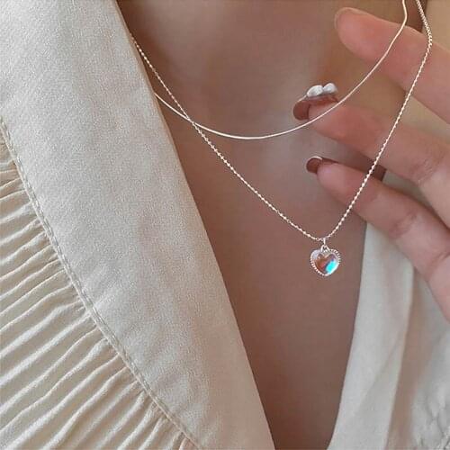 Double Layers Simple Opal Heart Pendant Necklace For Women Korean Style 2021 New Jewelry Wholesale