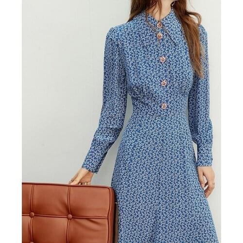 Women Dress 2021 Long-sleeved Silk Floral Dress with Diamond Buttons