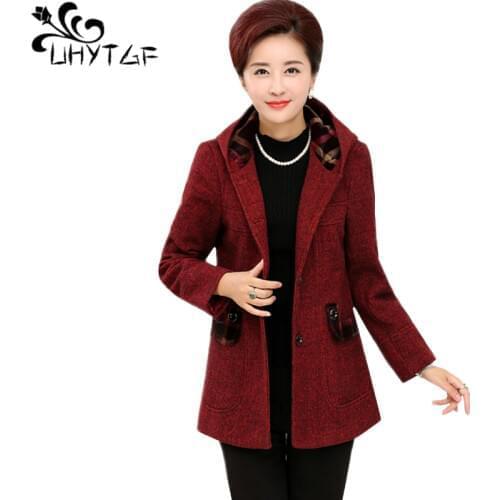 UHYTGF Winter coat women fashion hooded casual female spring autumn woolen jacket elegant mother loose plus size outerwear 1769