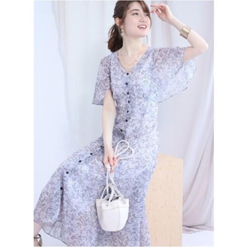2021 summer new womens high waist V-neck trumpet sleeve floral print dress